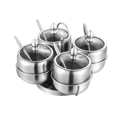 Sada korenín z nehrdzavejúcej ocele 304, nádoba na soľ a korenie, kuchynský koreňový hrniec s lyžicou a viečkom, koreninový hrniec s držiakom