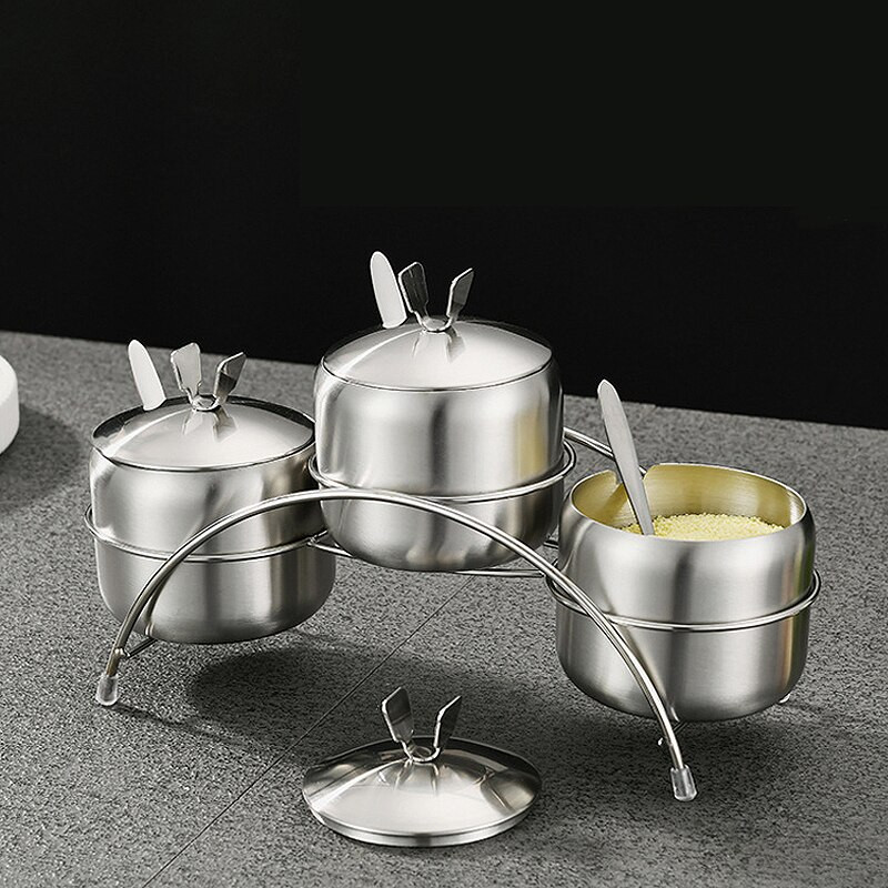 Sada korenín z nehrdzavejúcej ocele 304, nádoba na soľ a korenie, kuchynský koreňový hrniec s lyžicou a viečkom, koreninový hrniec s držiakom