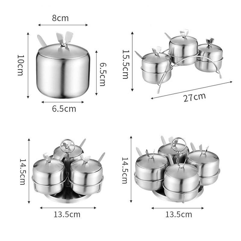 Sada korenín z nehrdzavejúcej ocele 304, nádoba na soľ a korenie, kuchynský koreňový hrniec s lyžicou a viečkom, koreninový hrniec s držiakom