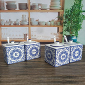 Čínske klasické keramické soľničky a koreničky, modré a biele porcelánové dózy na korenie, sada nádob na korenie v kuchyni