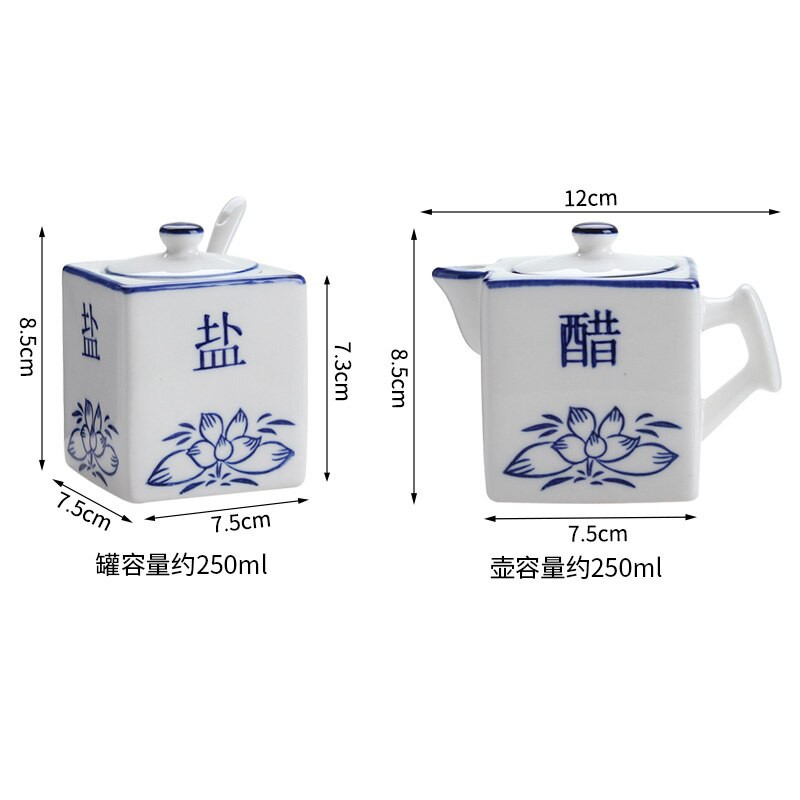 Čínske klasické keramické soľničky a koreničky, modré a biele porcelánové dózy na korenie, sada nádob na korenie v kuchyni