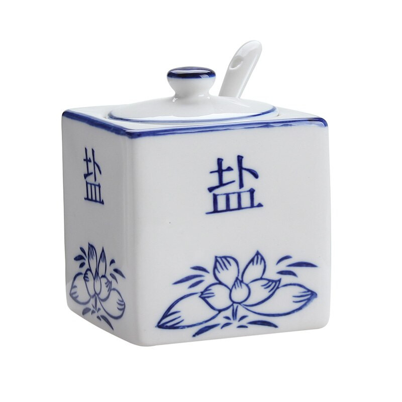 Čínske klasické keramické soľničky a koreničky, modré a biele porcelánové dózy na korenie, sada nádob na korenie v kuchyni