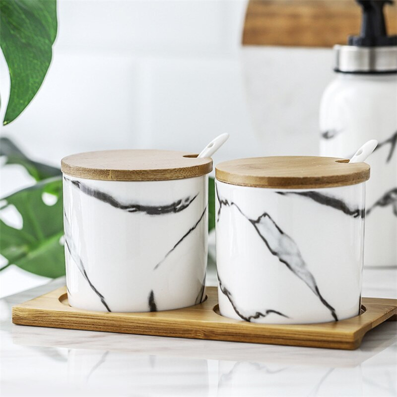 Severské keramické mramorované dózy na korenie, fľaša na korenie, cukornička, soľnička, korenička, kuchynská sójová omáčka, ocot, hrniec na paličky.