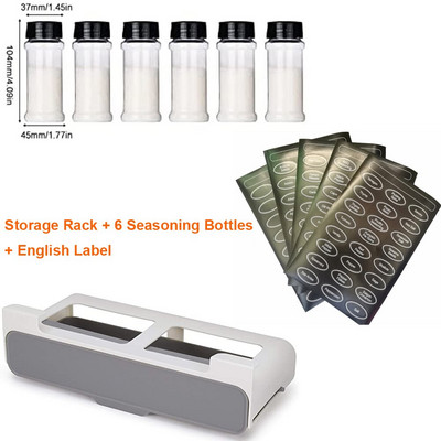 Stojan na korenie do kuchyne, fľaša s korením a slovným štítkom, skrytý stojan na kuchynské potreby pod zásuvkou stola