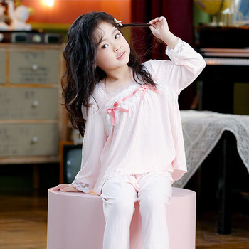 Пролетно-есенан пижама с дълъг ръкав и панделка за момичета 