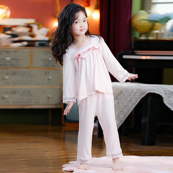 Пролетно-есенан пижама с дълъг ръкав и панделка за момичета 