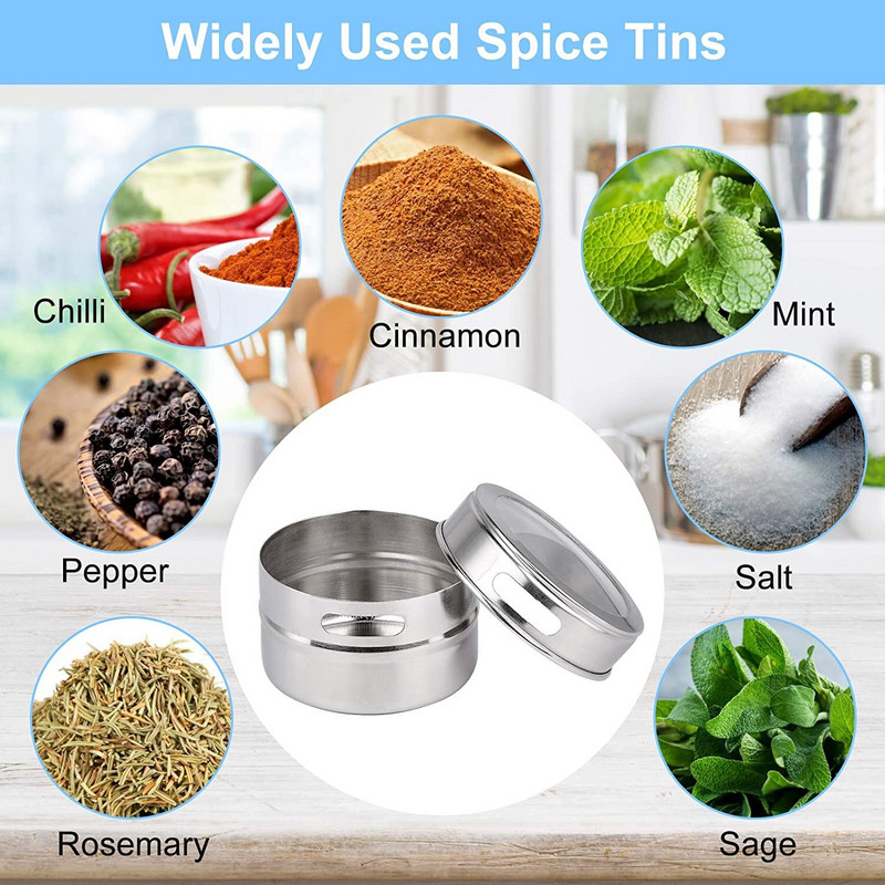 Sada 6 ks/9 ks/12 ks magnetických dóz na koreničky z nehrdzavejúcej ocele s etiketami na koreničky a perovými organizérmi na korenie s viečkom v trepačke.