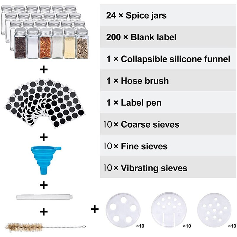 Prieskonių stiklainiai Prieskonių stiklainis Kvadratinis prieskonių indelis Prieskonių indelis su piltuvu, šepetėliu, etiketėmis 120 ml/4 Oz, 24 vnt.