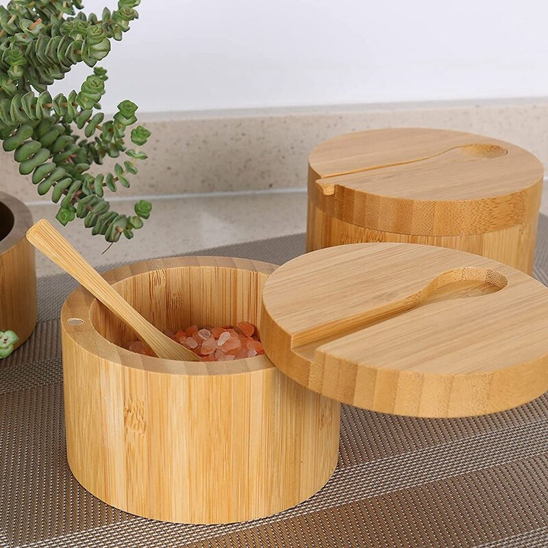 Bambusová koreniaca krabička s otočným vekom lyžičky, bambusový koreniaci kvetináč s magnetickou prísavkou, koreniaci kvetináč s jednou bunkovou soľničkou