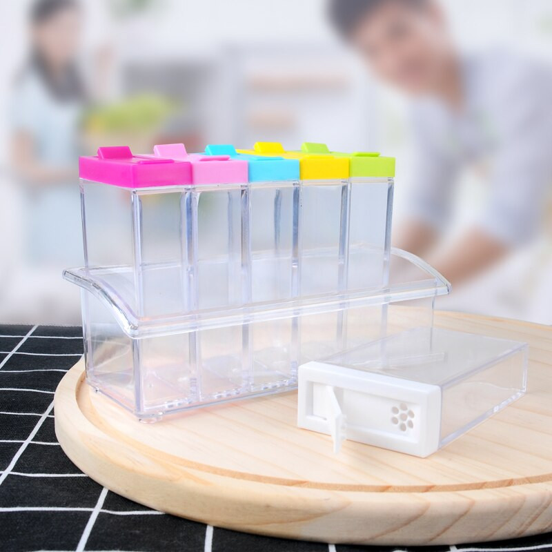 6 ks / sada koreniacich dóz, korenie, fľaša s priehľadným farebným viečkom, kuchynská nádoba, úložný box na korenie, úložné fľaše a poháre