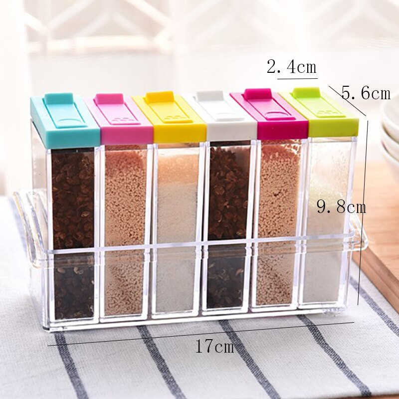 6 ks / sada koreniacich dóz, korenie, fľaša s priehľadným farebným viečkom, kuchynská nádoba, úložný box na korenie, úložné fľaše a poháre