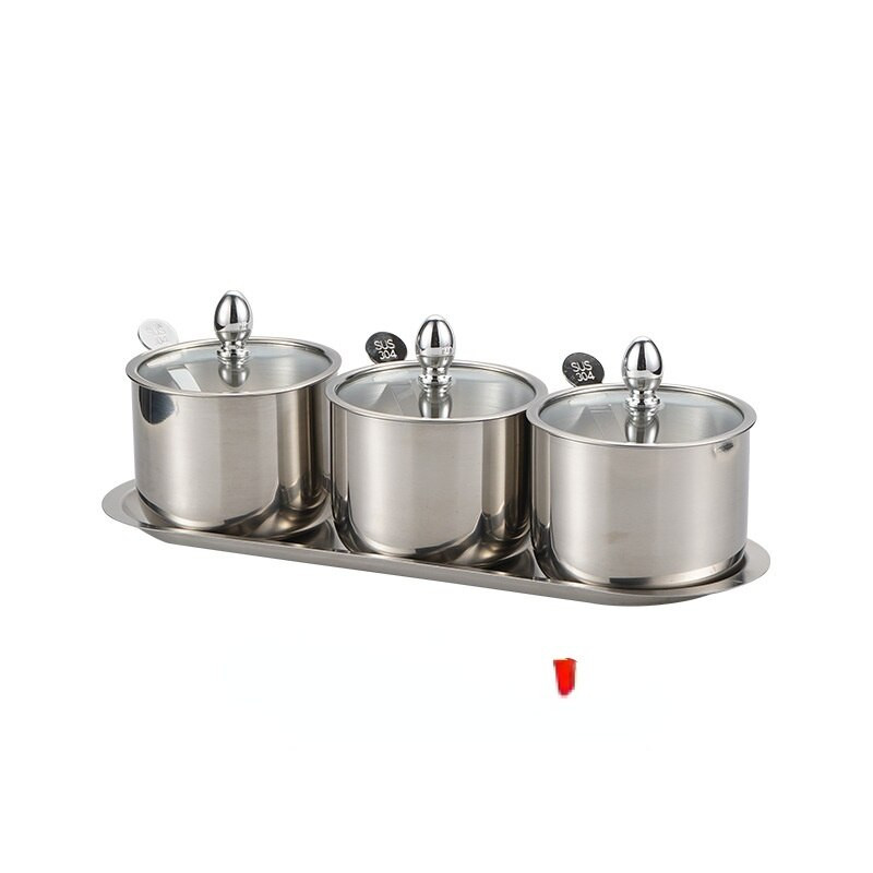 304-es rozsdamentes acél fűszeres edény készlet átlátszó üveg fedéllel, sós tégelyek szervezeti konyhai edénykészlettel