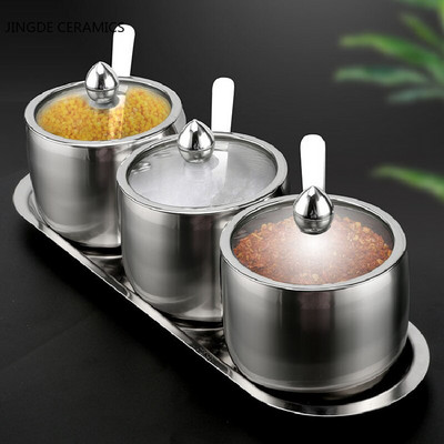 Borcan de condimente modern din oțel inoxidabil pentru condimente, sare, zahăr, piper, instrument, oală pentru condimente, cu lingură, restaurant, consumabile de bucătărie