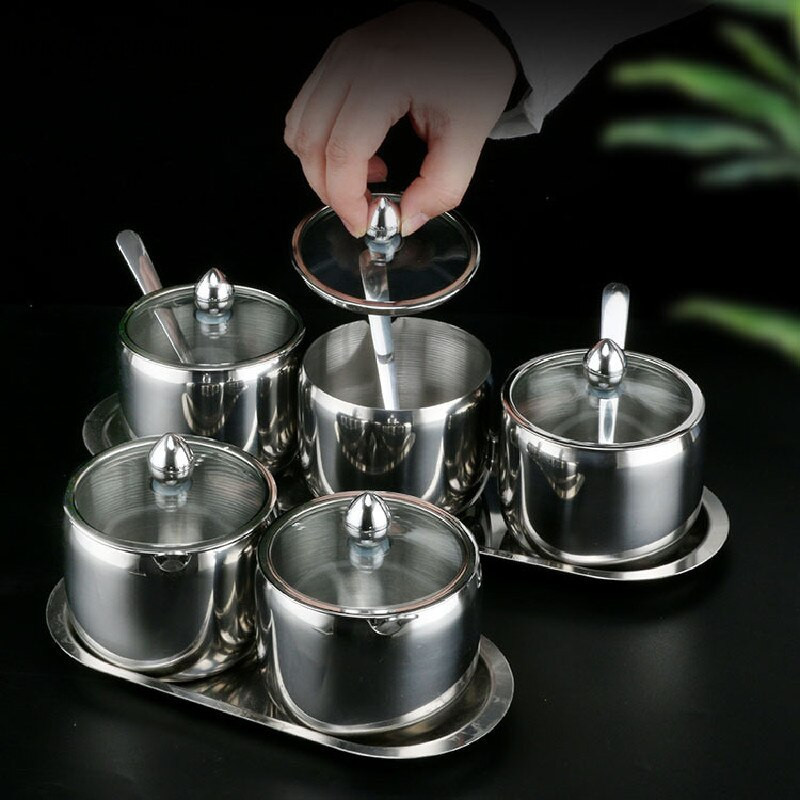 Moderná nerezová oceľová nádoba na korenie, korenie, soľ, cukor, nádoba na korenie, nástroj, hrniec na korenie s lyžicou, kuchynské potreby pre reštaurácie