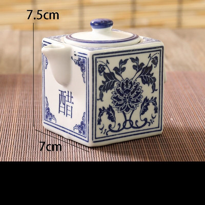 Sada modrých a bielych keramických dóz, kuchynské čínske vintage korenie, soľ, cukor, glutaman sodný, ocot, chilli, sójová fľaša