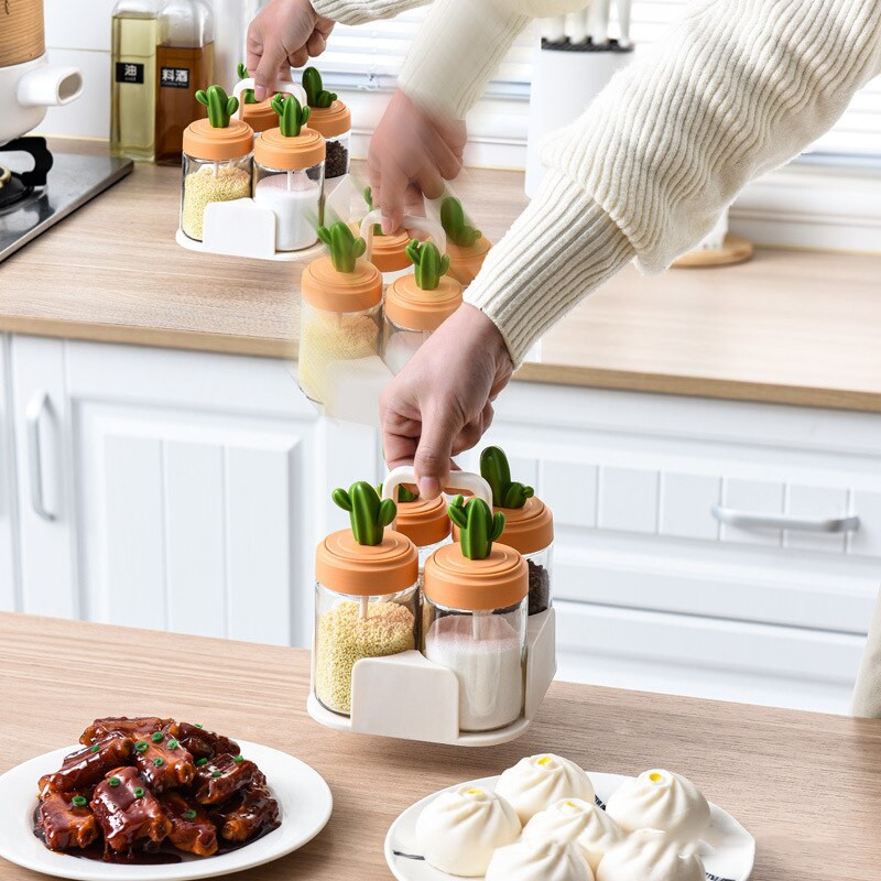 Kuchynská korenie nádoba so soľničkou korenie box kaktus tvar korenie fľaša sada sklenená nádoba pevná korenie úložná fľaša