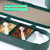 Viacvrstvová koreniaca krabička na korenie všetko v jednom, priehľadná uzavretá nádoba na soľ a glutaman sodný, odnímateľná koreniaca krabička s výklopným vrchnákom