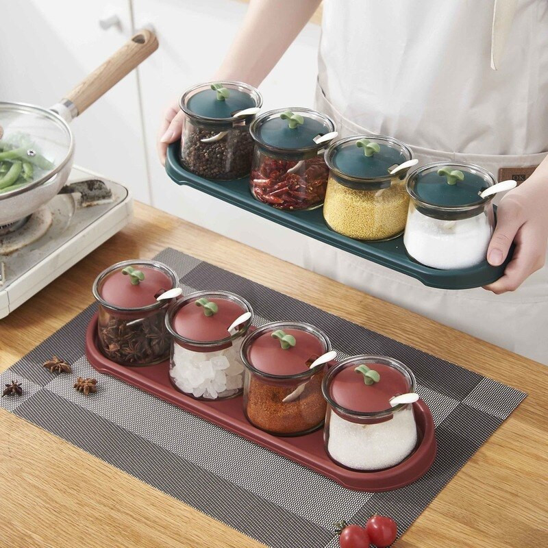 Kreatívna sklenená koreniaca krabička do domácnosti, koreniaca nádoba s podnosom, kuchynská kombinovaná sada, soľnička, cukornička, fľaša na víno a ocot, olejnička