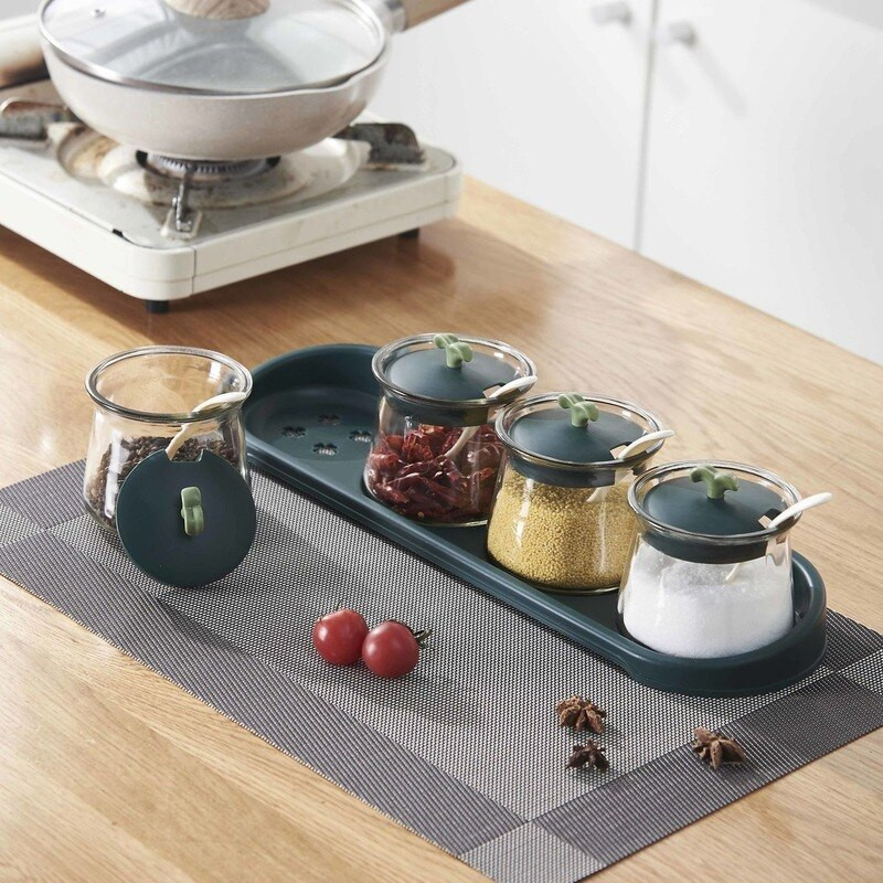 Kreatívna sklenená koreniaca krabička do domácnosti, koreniaca nádoba s podnosom, kuchynská kombinovaná sada, soľnička, cukornička, fľaša na víno a ocot, olejnička