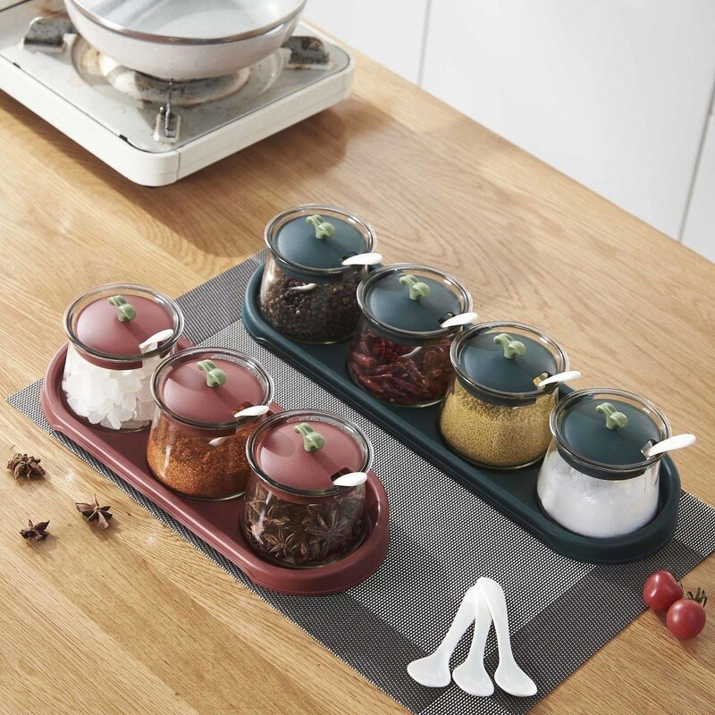 Kreatívna sklenená koreniaca krabička do domácnosti, koreniaca nádoba s podnosom, kuchynská kombinovaná sada, soľnička, cukornička, fľaša na víno a ocot, olejnička