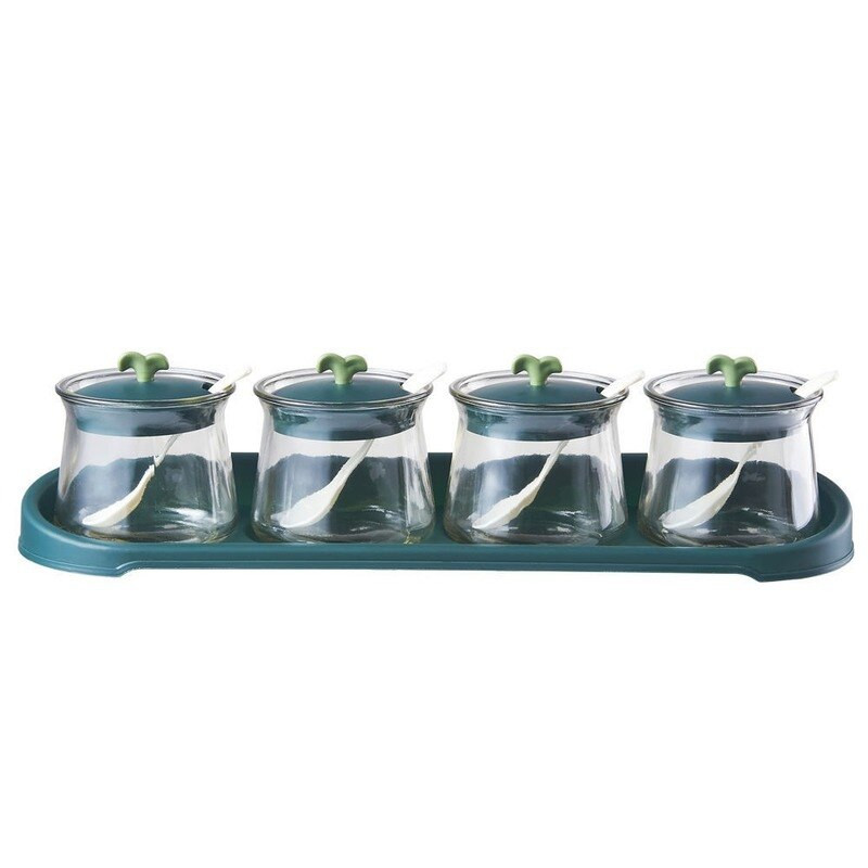 Kreatívna sklenená koreniaca krabička do domácnosti, koreniaca nádoba s podnosom, kuchynská kombinovaná sada, soľnička, cukornička, fľaša na víno a ocot, olejnička