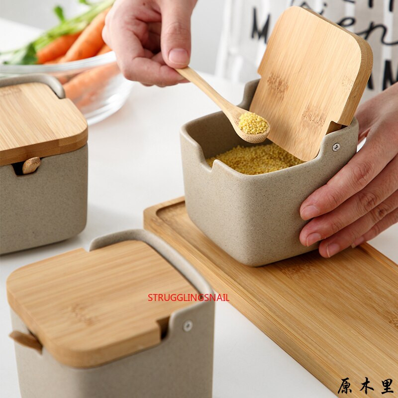 Kuchynský nástroj na korenie, cukornička, kreatívny bambusový kryt, keramická sada koriacich pohárov, domáca soľnička s viečkom, korenie