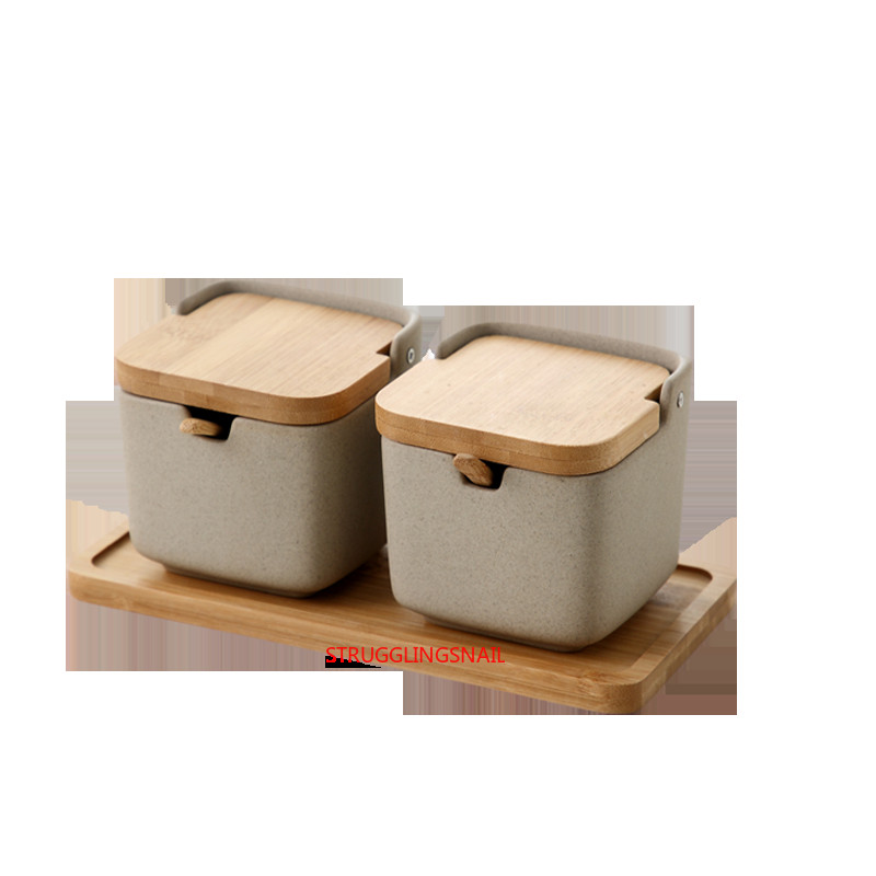 Kuchynský nástroj na korenie, cukornička, kreatívny bambusový kryt, keramická sada koriacich pohárov, domáca soľnička s viečkom, korenie