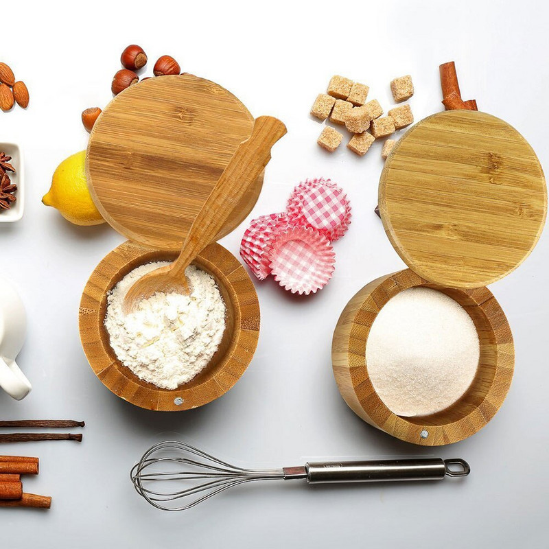 100% bambusová soľnička, prírodná bambusová nádoba s magnetickým vekom + bezpečné a odolné úložné priestory a organizér do kuchyne