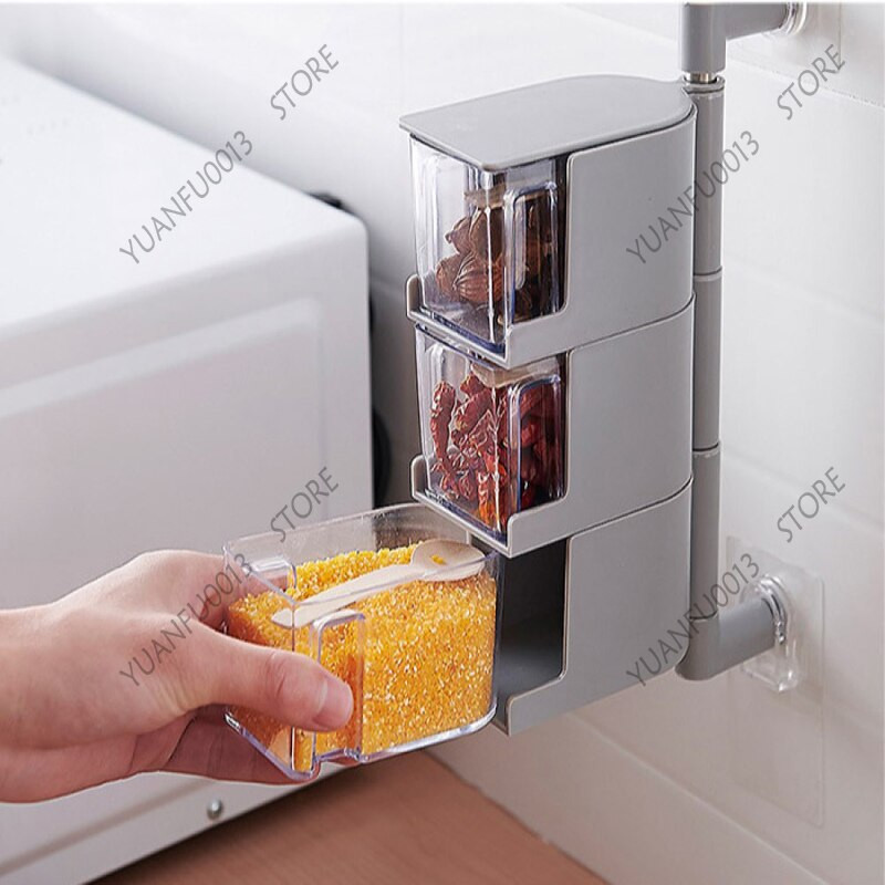 Nový otočný držiak na korenie, úložný box na korenie, tekvicová soľ, cukor a glutamát sodný, boxy na kuchynské nádoby, organizér