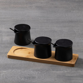 Κεραμική μαύρη γλάστρα με δίσκο Creative Salt Sugar Chili Pot Home Κεραμικό μπουκάλι λαδιού ξύδι με καπάκι Αξεσουάρ κουζίνας