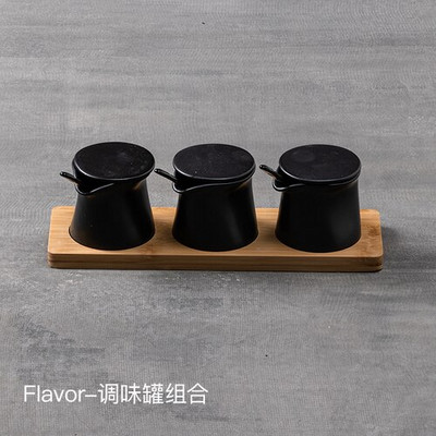 Keramický čierny koreniaci hrniec s podnosom, kreatívny hrniec na soľ, cukor, chilli a domáce keramické fľaše na ocot a olej s viečkom, kuchynské doplnky