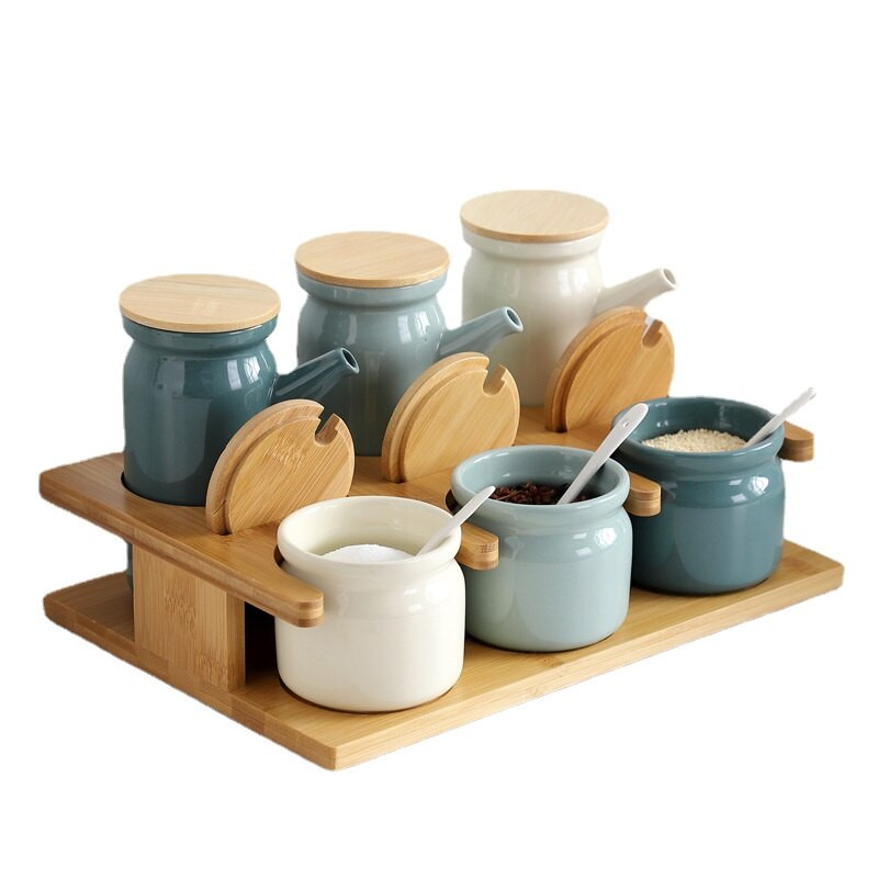 Keramický stojan na koreniny, soľnička, korenie, ocot, olej, fľaša, cukor, chilli, korenie, krabička, úložný džbán na korenie, sada do domácnosti, kuchyňa