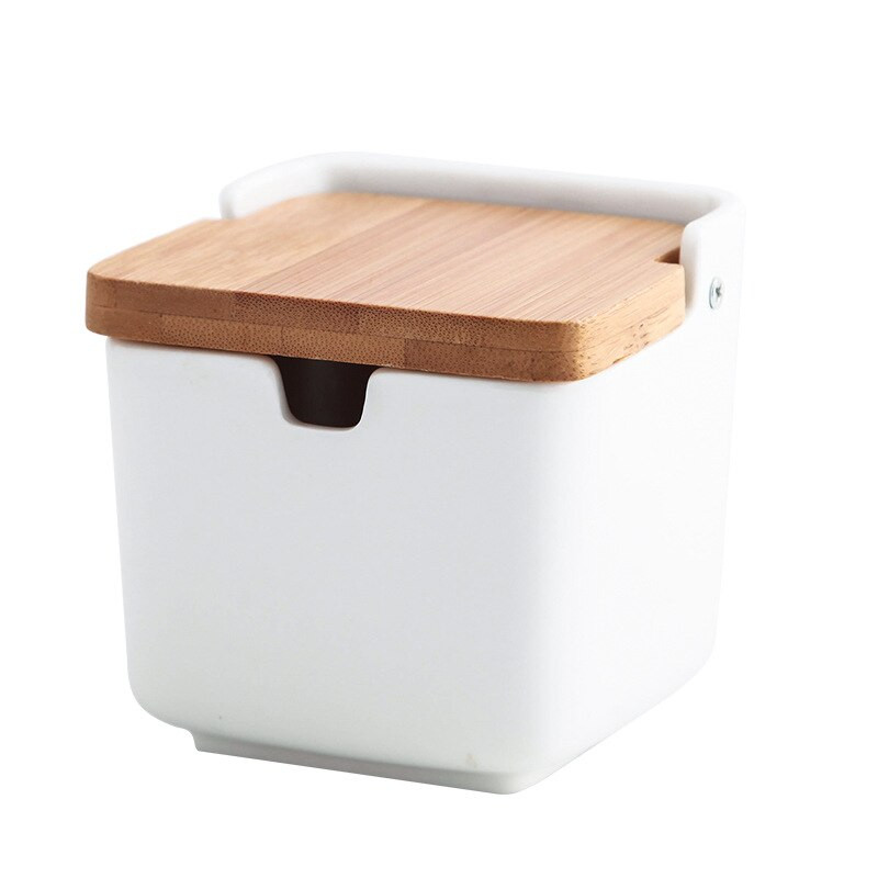 Biely porcelánový štvorcový dóziček s odklápacím vrchnákom, dózička na korenie, dózička na olej, soľnička, krabička na korenie, kuchynská krabička na čili papričky, dávkovač potravín