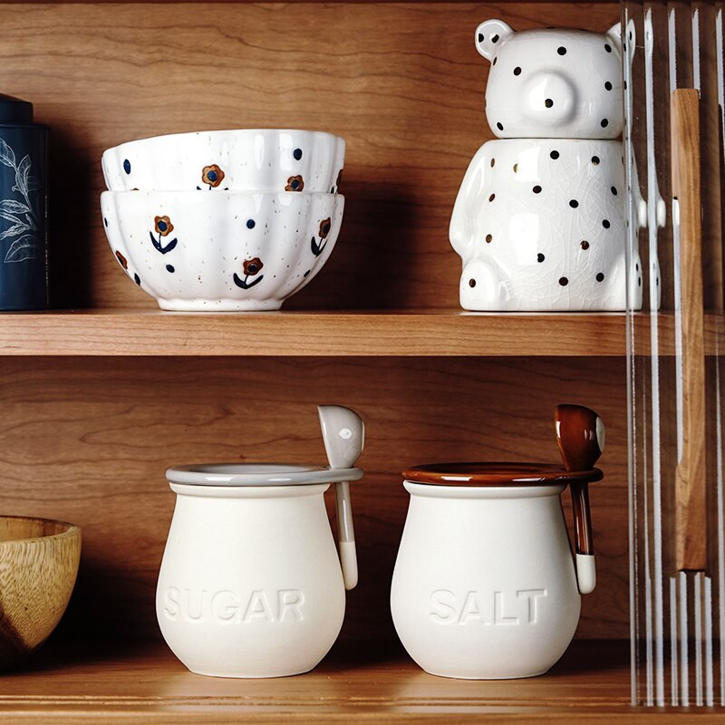 Kerámia fűszeres edény Retro durva kerámia fedett sós edény cukortartó konyhai nedvességálló fűszeres üveg kanállal ZB345