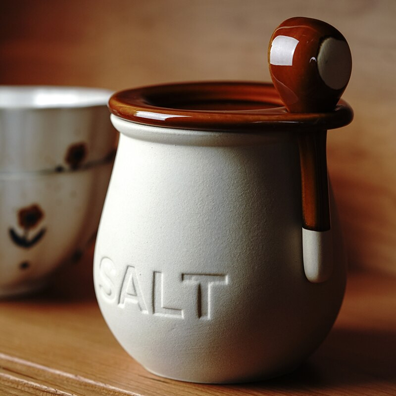Kerámia fűszeres edény Retro durva kerámia fedett sós edény cukortartó konyhai nedvességálló fűszeres üveg kanállal ZB345