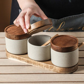 Japonský retro korenie Keramická trojdielna sada kuchynskej soli s glutamátom sodným, korenie z akáciového dreva s lyžicou