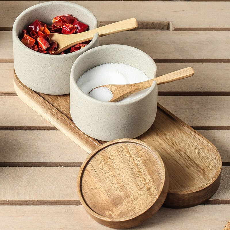 Japonský retro korenie Keramická trojdielna sada kuchynskej soli s glutamátom sodným, korenie z akáciového dreva s lyžicou