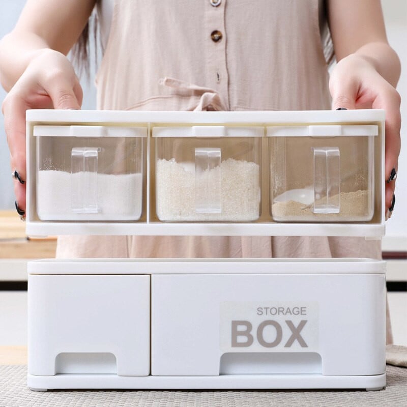 Multifunkčná plastová korenie nádoba kombinovaná zásuvka typ korenie úložný box korenie stojan s rukoväťou domáce kuchynské náradie