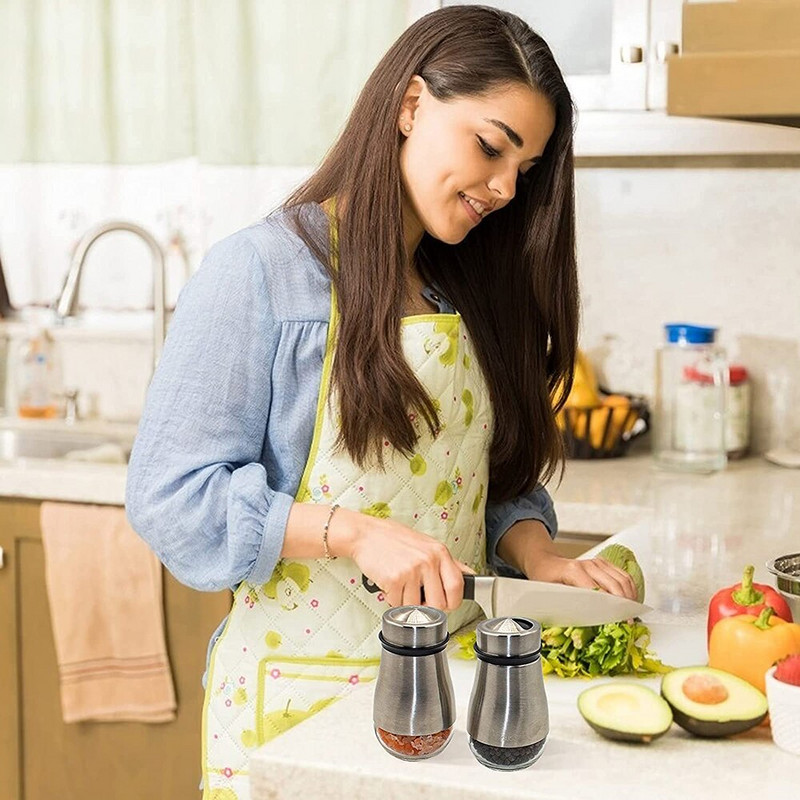 Sada 2 soľničiek a koreničiek - Soľnička s nastaviteľnými otvormi na nalievanie - Dávkovač ryže s možnosťou doplnenia do kuchyne alebo reštaurácie