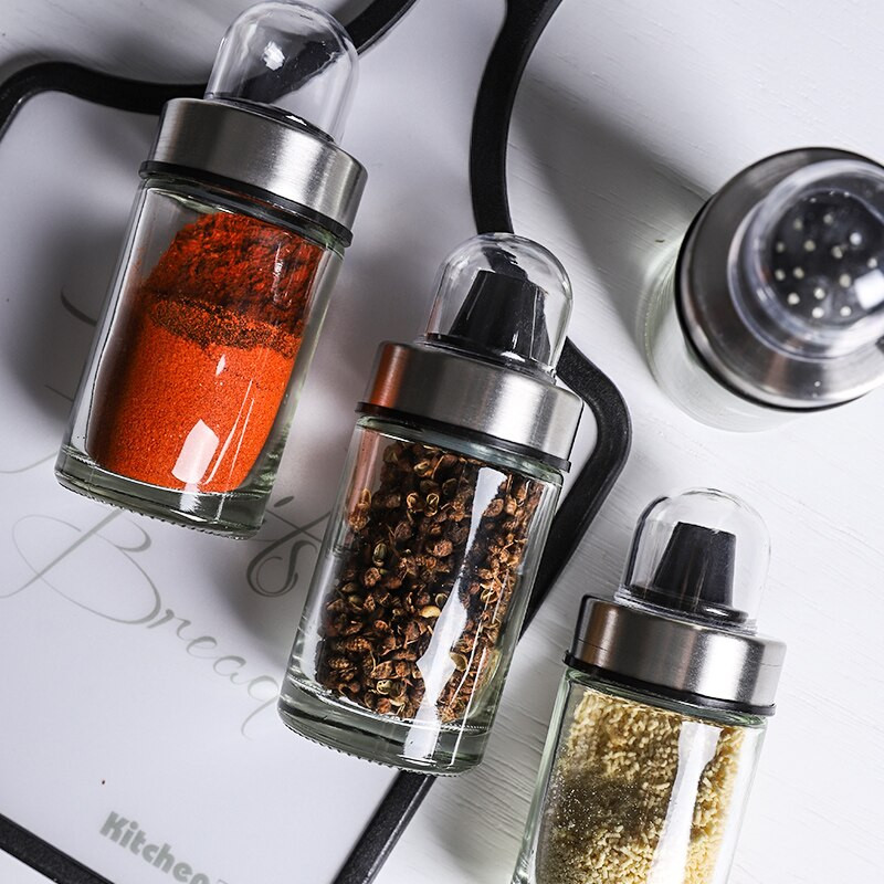 Otočné 7-dielne sklenené koreničky, sada fliaš na olej, sada kuchynských nádob, soľnička a korenička, nádoba na korenie a cukor do domácnosti