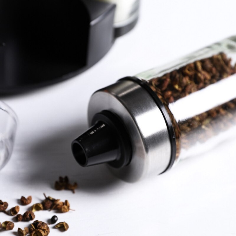 Otočné 7-dielne sklenené koreničky, sada fliaš na olej, sada kuchynských nádob, soľnička a korenička, nádoba na korenie a cukor do domácnosti