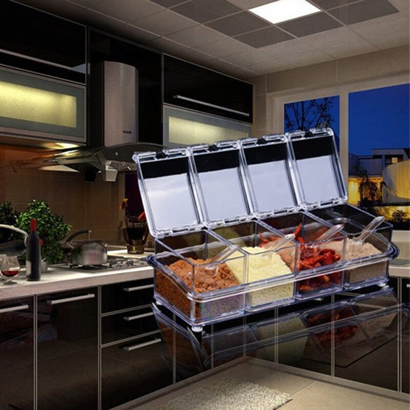 4 ks/sada krabičiek na korenie, sada korenia, priehľadná fľaša na cukor a soľ, kuchynské náradie, kuchynské doplnky, nádoba na korenie