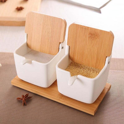 Japonská keramická soľnička na korenie, korenie v nádobe s bambusovým dreveným viečkom, korenie v nádobe, úložný box na korenie, kuchynské náradie
