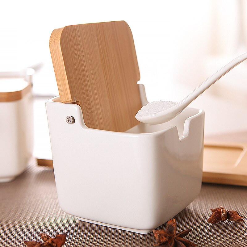 Japonská keramická soľnička na korenie, korenie v nádobe s bambusovým dreveným viečkom, korenie v nádobe, úložný box na korenie, kuchynské náradie