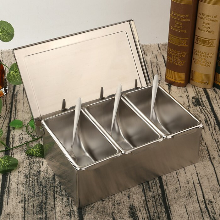 Vysokokvalitná koreniaca krabička z nehrdzavejúcej ocele 304, hotelová koreniaca krabička s vekom, úložná krabička na korenie do domácnosti