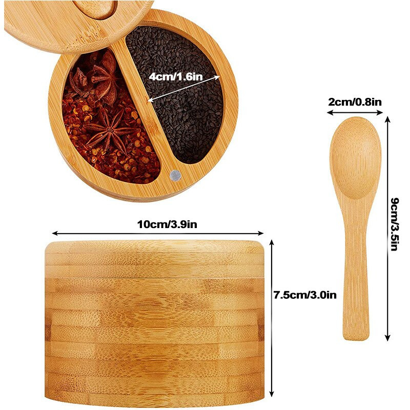 2-v-1 okrúhla dvojitá mriežková soľnička a koreniečka, delená koreniečka, soľnička a koreniečka s magnetickým zámkom, 2 mini lyžičky