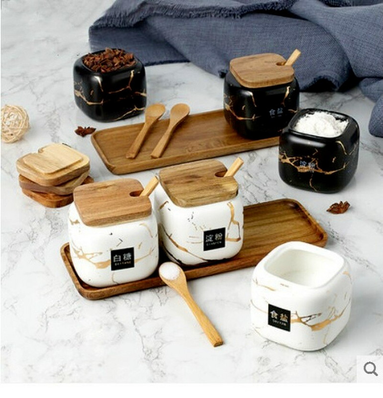 4-dielna sada, matný mramorový keramický dóziček na korenie v severskom štýle, dózička na olej a soľ, domáca koreniaca krabička na korenie, kuchynská koreniaca krabička s uzávermi na fľaše