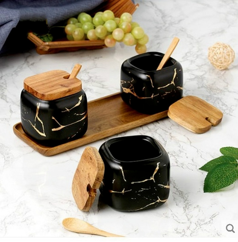 4-dielna sada, matný mramorový keramický dóziček na korenie v severskom štýle, dózička na olej a soľ, domáca koreniaca krabička na korenie, kuchynská koreniaca krabička s uzávermi na fľaše