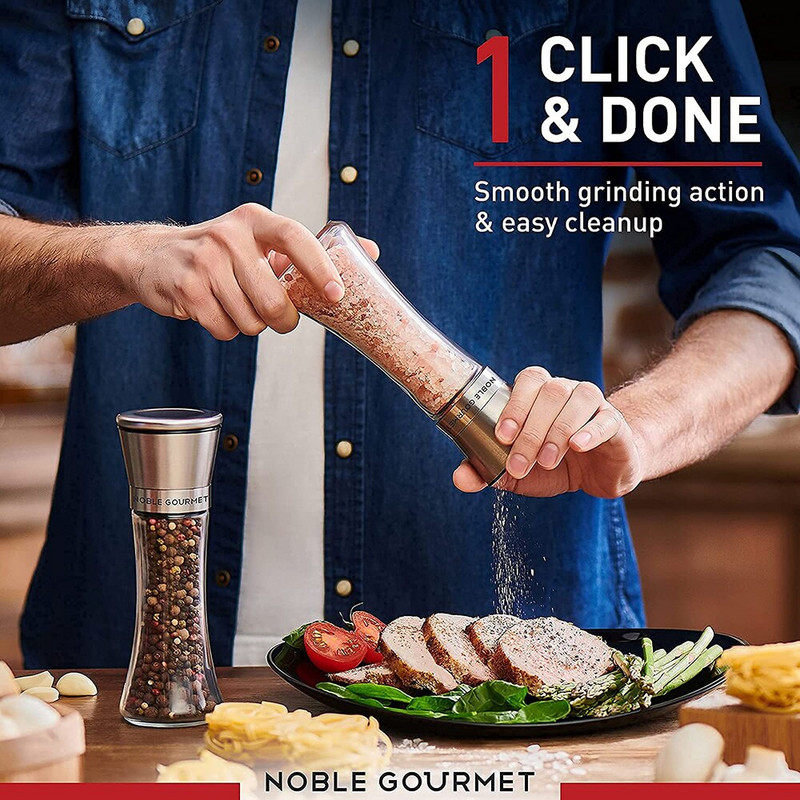 2 ks mlynčekov na soľ a korenie, mlynčeky a trepačky z nehrdzavejúcej ocele s možnosťou doplnenia, na himalájsku a morskú soľ, čierne korenie a korenie