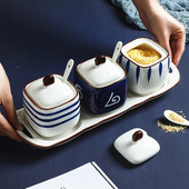 Keramická koreňová nádoba v japonskom štýle s viečkom a lyžičkou, kreatívna cukornička, soľnička na koreničku, korenie, ocot, fľaša s olejom